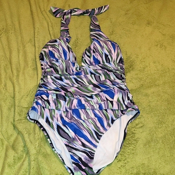 Kenneth Cole Halter One Piece Swimsuit Tummy Control Cover Pink Purple Black XL - Picture 1 of 7